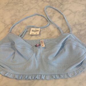 Light Blue Ruffle-Hem Bralette with Lace-Texture